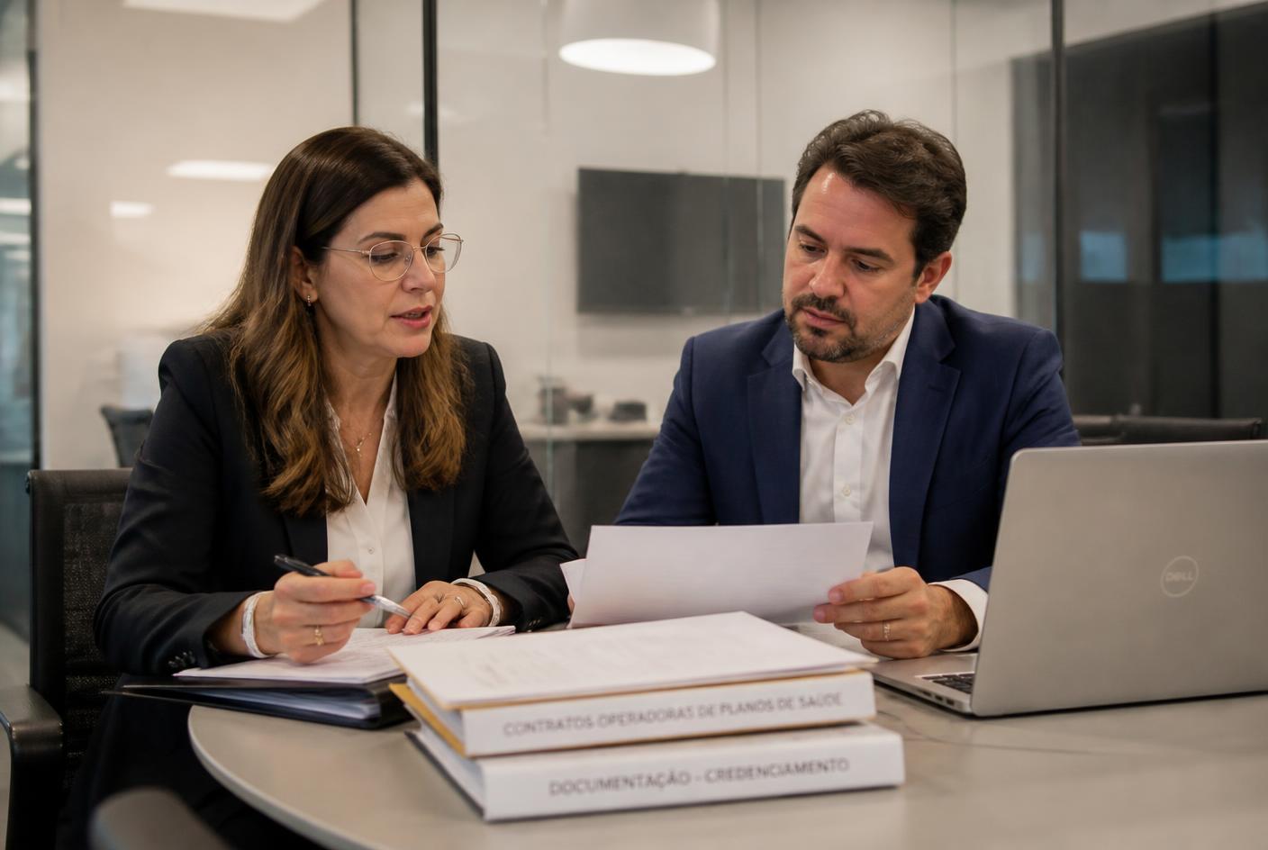 Profissionais revisando contratos de operadoras de planos de saúde e documentação de credenciamento médico