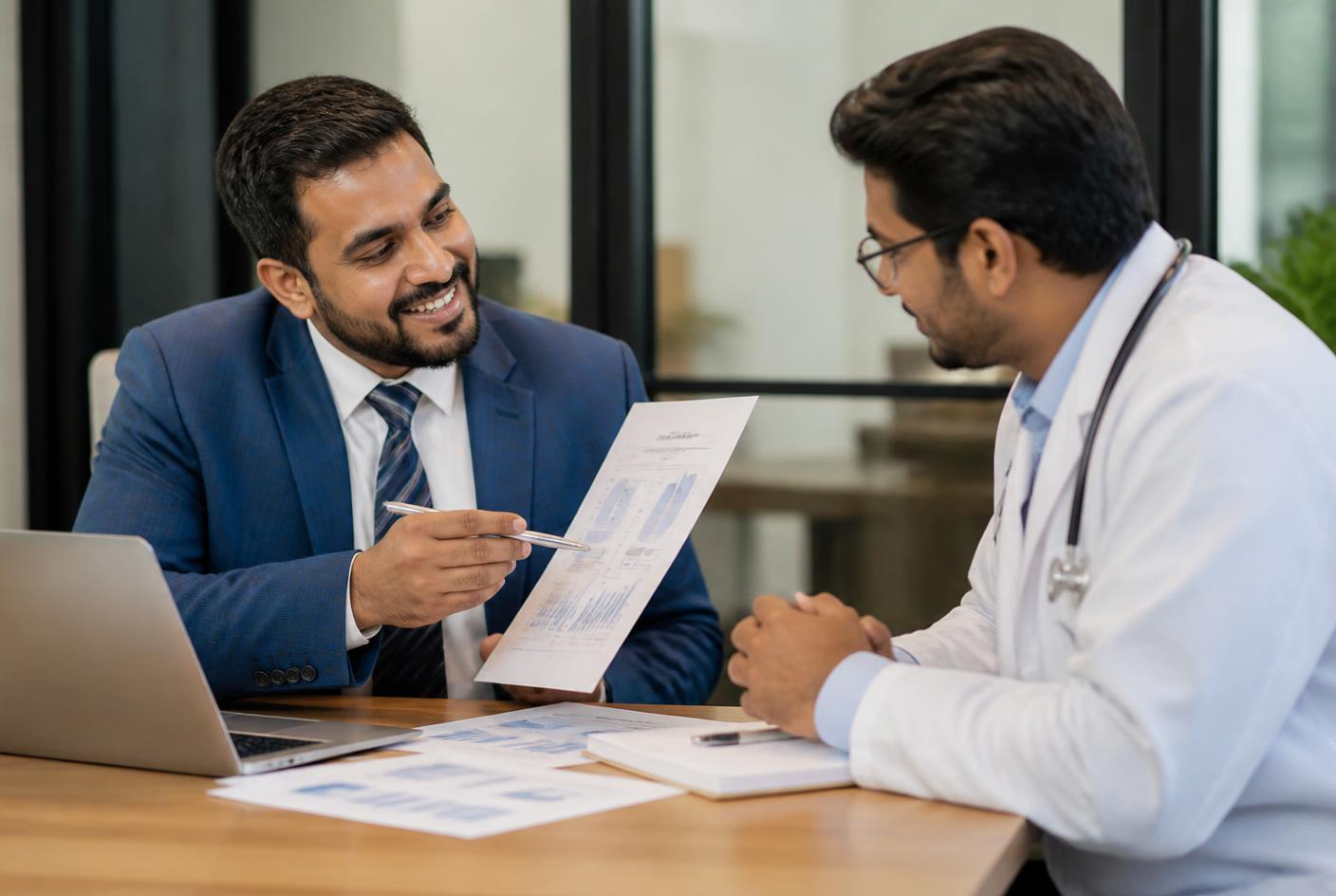 Consultor em faturamento médico apresentando relatórios de receita para um médico cliente